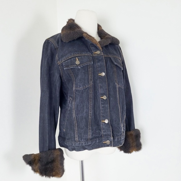 Y2K Denim Jacket Fur Lined Collar Button Up Down Long Sleeve Dark Wash - Picture 3 of 14